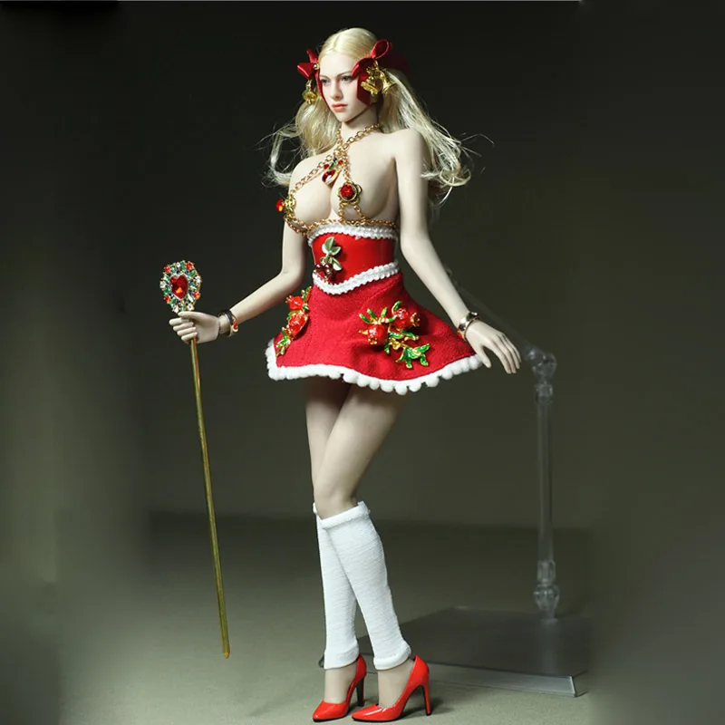 

1/6 Female Soldier Dress Set W/ Corset Pomegranate Skirt White Underwear Socks Christmas Wand for 12in Action Figure
