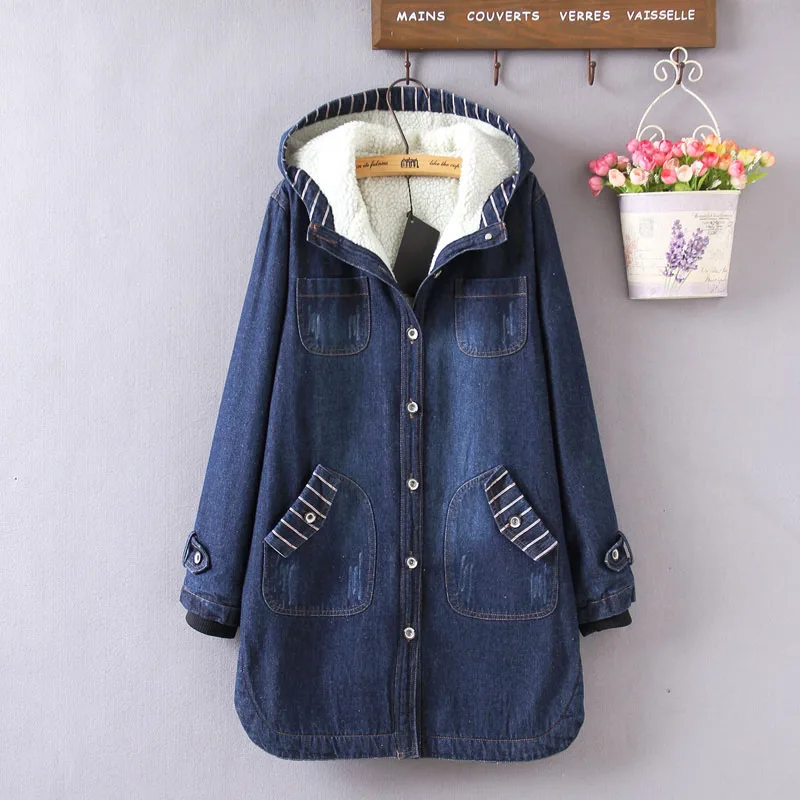 Oversized Women's Denim Clothing Winter Coat Thickened Denim  Hooded Lamb Wool Warm Cotton Parka Casual Loose Outwear Winter