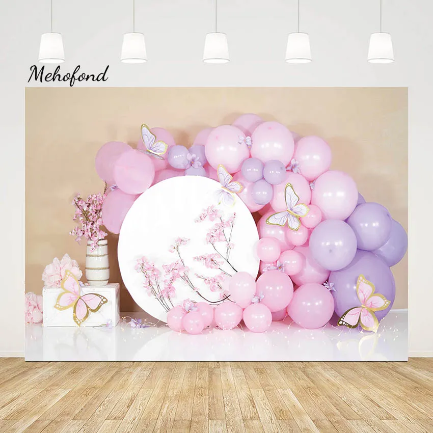 

Фон для фотосъемки Mehofond розовый воздушный шар белый круг новорожденный день рождения торт разбивать Декор Бабочка фон для фотостудии