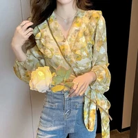 2022 floral print chiffon women blouses spring autumn ruffle v neck bow tie yellow blouse office fashion pink top blusas mujer
