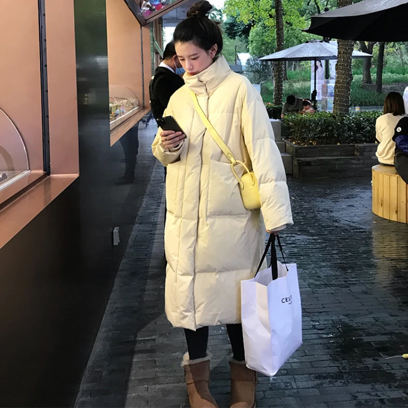 Winter Coat Women New Long Down Jacket Korean Version Thick Loose Solid Color Stand Collar White Eiderdown Bread Overcoat