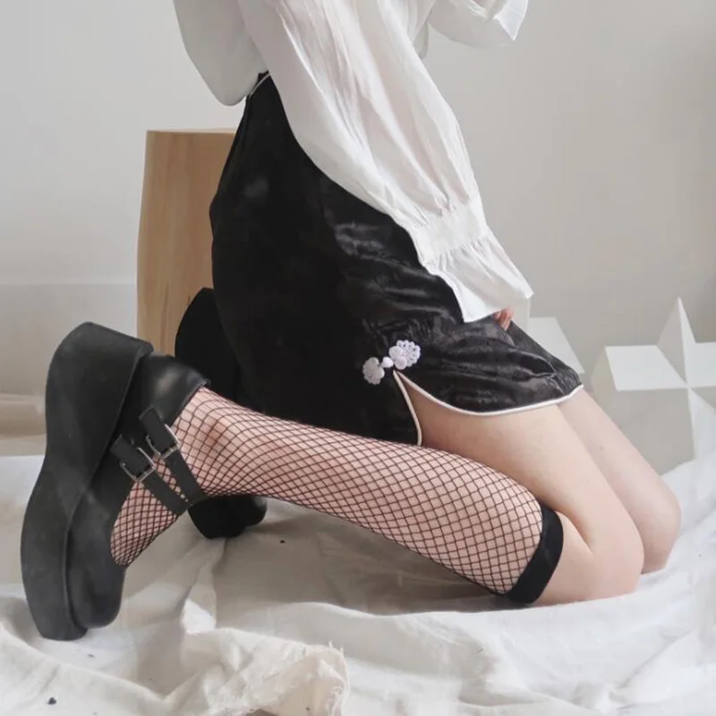Black Fishnet Long Stockings Women JK High Knee Socks Female Sexy Mesh Stocking Leg School Girls Dress Calcetine Medias Elastic