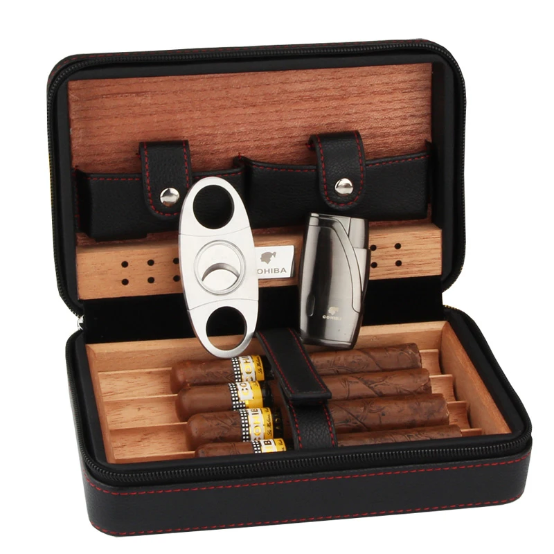 Cohiba Portable Leather Travel Cigar Case Cedar Wood Linied Humidor With Torch Jet Flame Cigar Lighters Cutter Humidifier Set