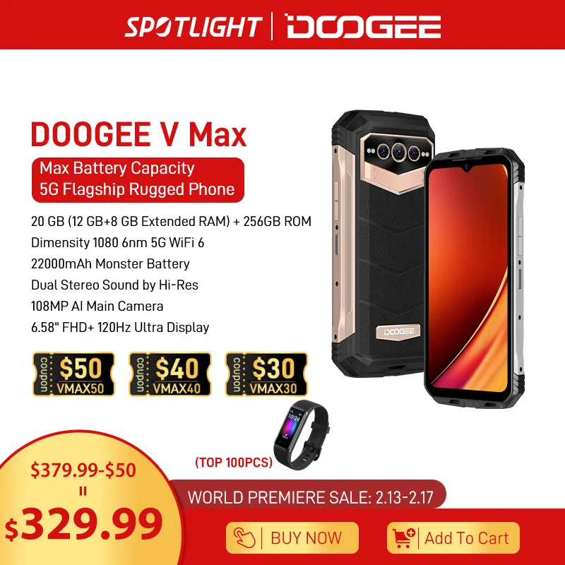 Enlarge World Premiere DOOGEE V Max 5G Rugged Phone 22000mAh,12GB+256GB Cellphone 108MP Camera Smartphone 120Hz Dimensity 1080,Hi-Res