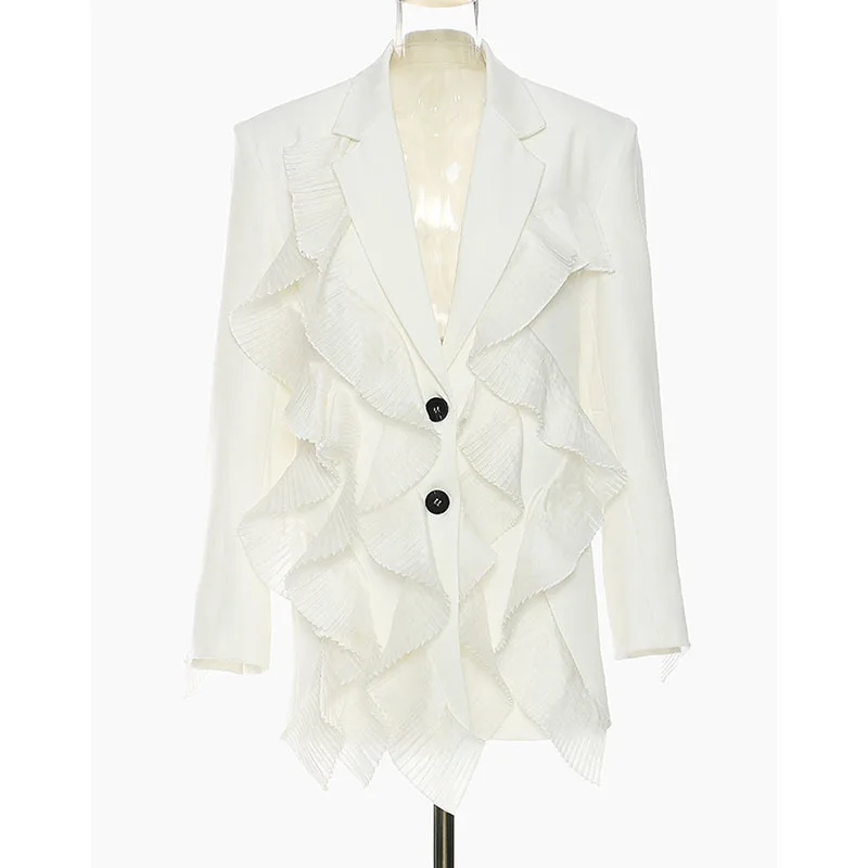 

SeeBeautiful Pleated Ruffles Stitching Blazer Coat Notched Collar Long Sleeve Single Breasted Spring 2022 New Fashion Q231