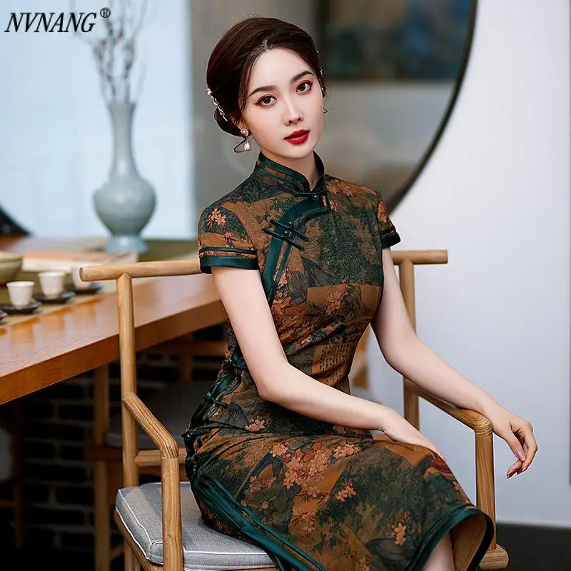 

Nvnang Chinese Cheongsam, New Mid-Length Split Cheongsam Modified Chinese Style Dress Slim Banquet Gown C2066