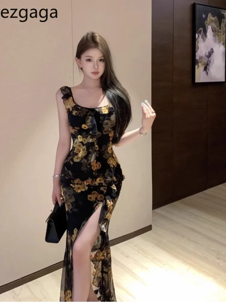 Ezgaga женские платья темпераментные оборки цветочный принт без рукавов тонкий