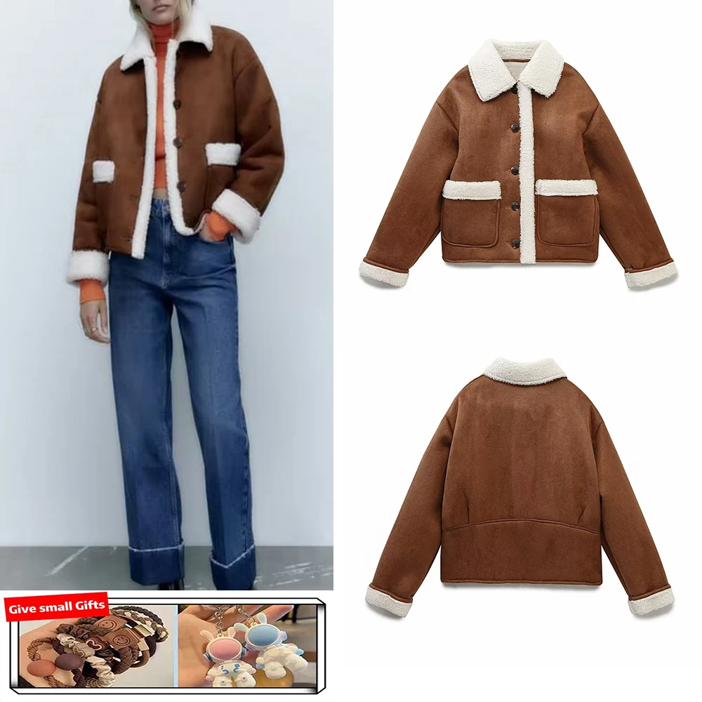 

Autumn new versatile color-blocked lapel single-breasted double-sided jacket with patch pockets