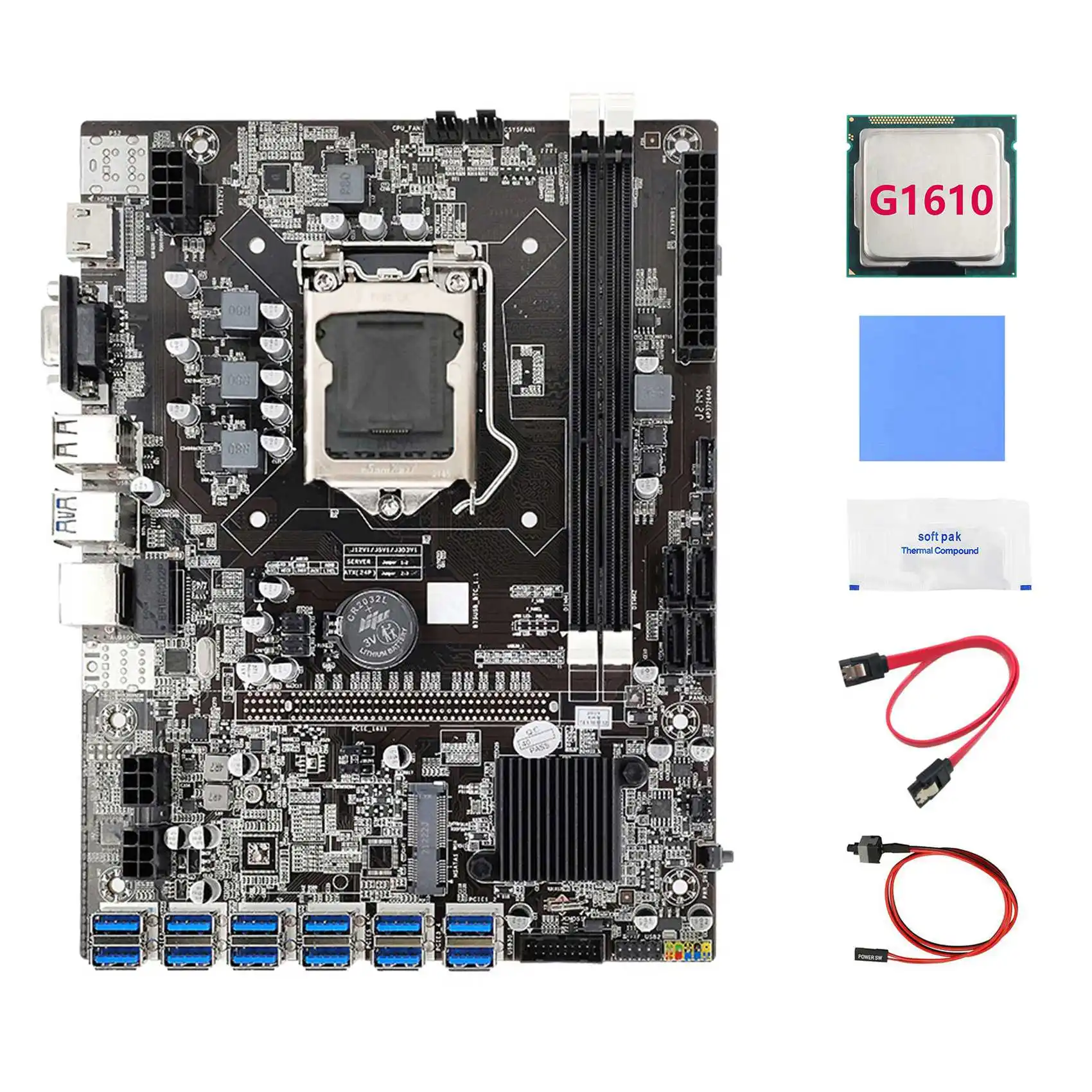 B75 ETH Mining Motherboard 12 PCIE to USB+G1610 CPU+Switch Cable+SATA Cable+Thermal Grease+Thermal Pad B75 Motherboard