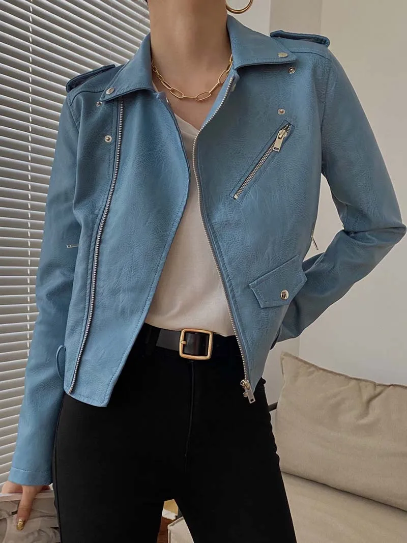 Fashion 2023 Autumn Winter Women Short Coat Female Faux Leather Jackets PU Turn-Down Collar Zippers Belt Motorcycle Gothic Punk