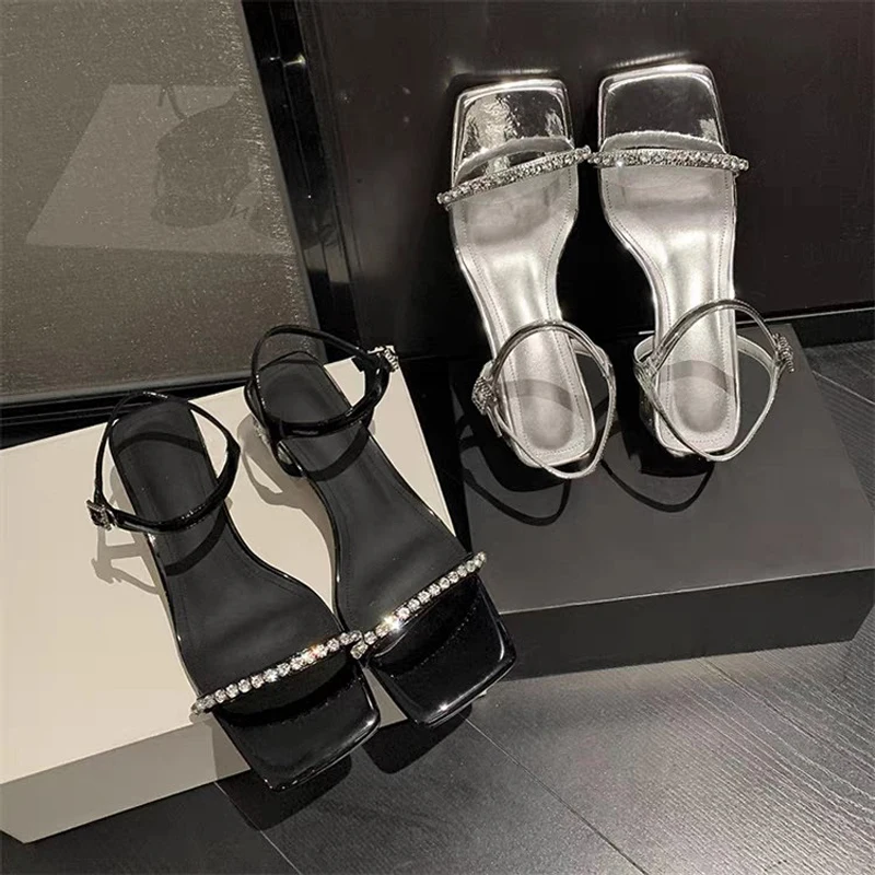 Luxury Crystal Sandals Women Rhinestone Ankle Strap Mid Heeled Sandalias Ladies Summer Evening Party Shoes in Black Silver Color