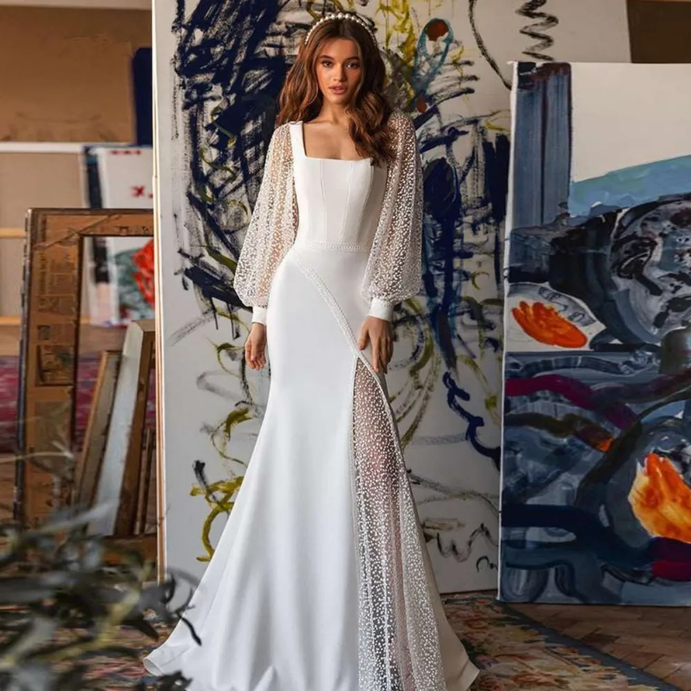 

Square Collar Mermaid Wedding Dress Illusion Long Lantern Sleeves Custom Made Backless Floor Length Bridal Gowns Robe De Mariée