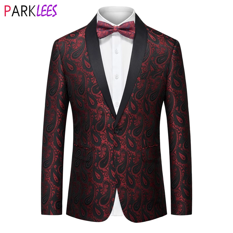 

Wine Red Paisley Jacquard Tuxedo Jacket Men One Button Shawl Collar Mens Suit Jacket Wedding Party Prom Dinner Costume Homme 6XL