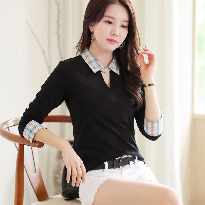 

2022 Spring Summer T Shirt Lapel Collar Half Sleeve Office Lady Patchwork Plaid Contrast Color Fashion Korean Style Pullover Top