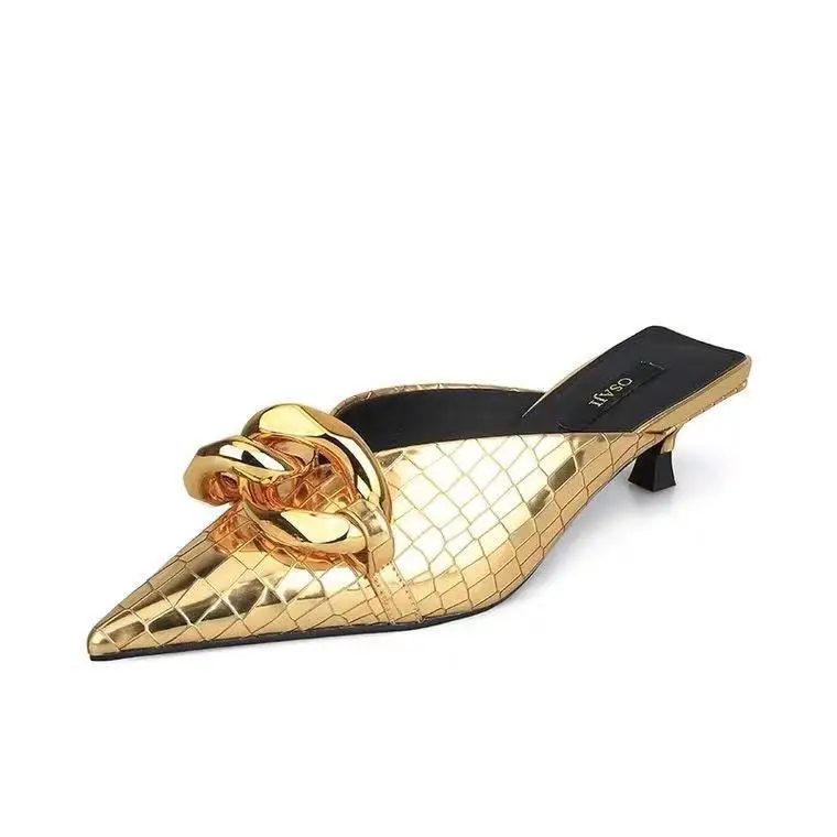 

Gold Pointed Patent Leather Niche Slippers Women Can Wear outside Closed Toe Spring Full Soft Leather Kitten Heel Muller Pumps