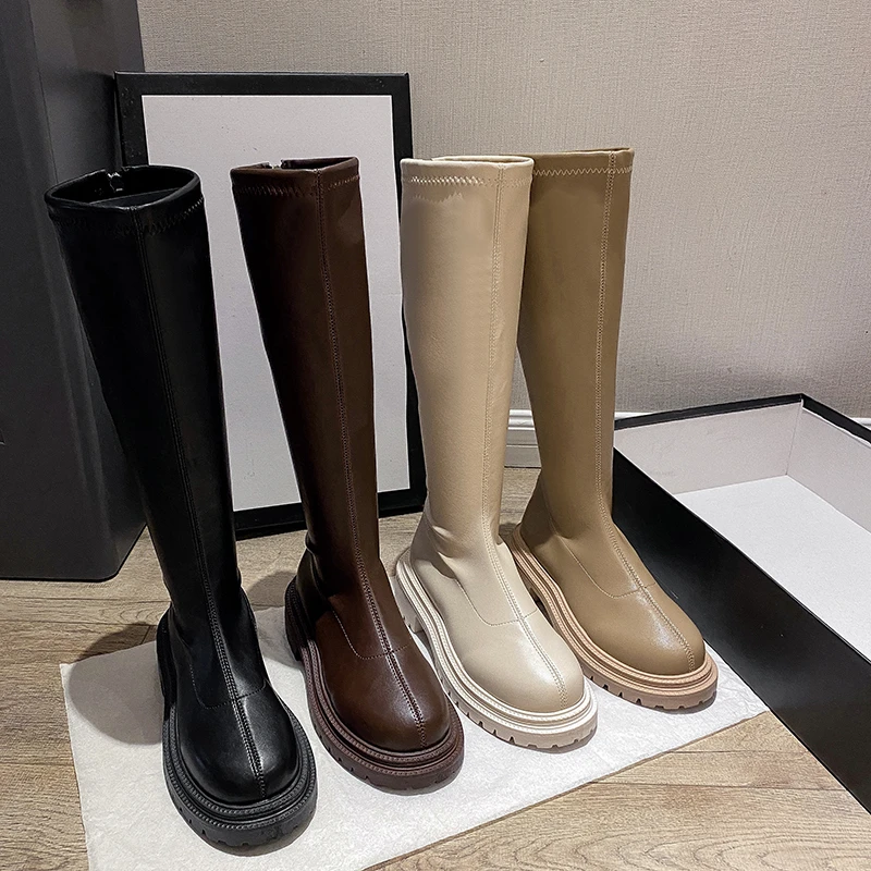 

Autumn Winter Women Flats Heel Women Long Boots High Quality Soft Leather Ladies Knight Boots Casual Knee-high Boots