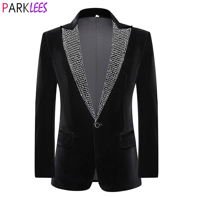 Luxury Crystal Embroidery Black Velvet Dress Suit Jacket Men Peak Collar One Button Tuxedo Blazers for Wedding Dinner Party 3XL