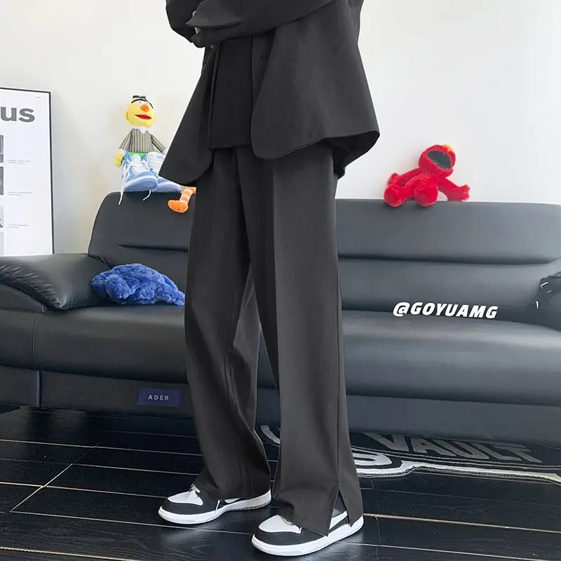 

Однотонные прямые брюки большого размера в Корейском стиле, Длинные повседневные бежевые брюки, качественные мужские брюки с разрезом