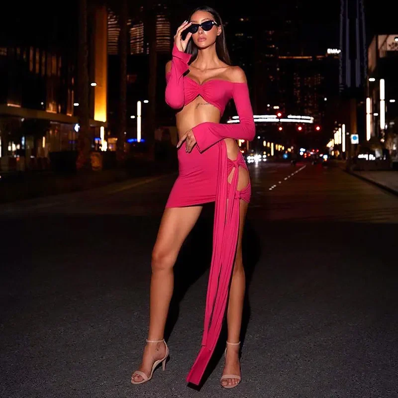 

Solid Ribbon 2 Piece Set Women Twist Off Shoulder Long Sleeve Crop Top Hollow Out Lace Up Bodycon Mini Skirts Club Party Suits