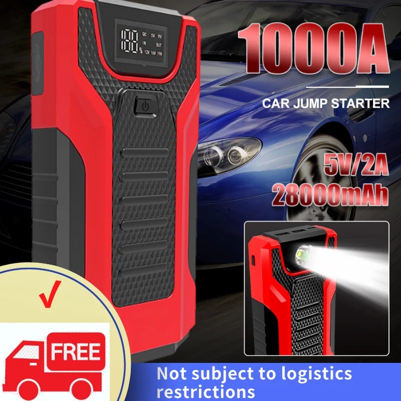

28000mAh Car Battery Jump Starter Portable 1000A Peak with Dual USB Emergency Flashlight for 12V 6.0L Gasoline 12V 4.0L Diesel
