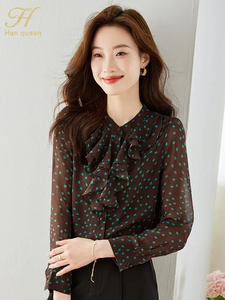 

Женская шифоновая блузка с оборками H Han Queen, осенняя Базовая Блузка с винтажным принтом, Повседневная Свободная рубашка, 2023