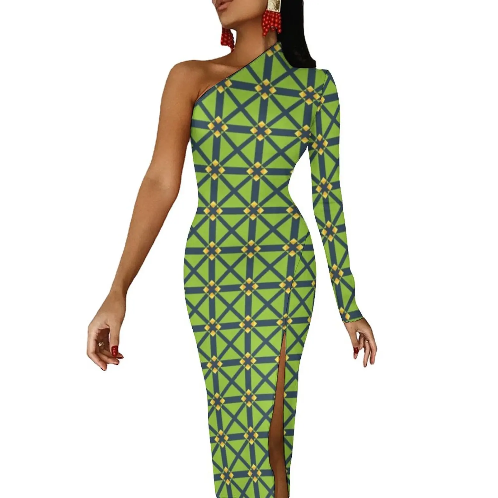 

Green Geo Print Bodycon Dress Autumn Checkered Trendy High Slit Long Dresses One Shoulder Graphic Party Dress