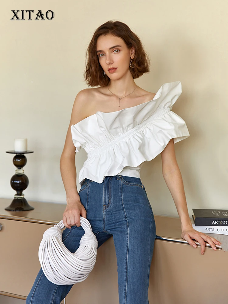 

XITAO Sexy Off The Shoulder T-Shirts Fashion Folds Big Ruffles Splicing Asymmetrical One Shoulder Skew Collar Women Top WLD8352