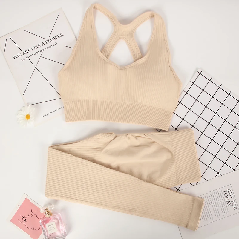 

CHRLEISURE 2 шт., костюм для йоги, бесшовный спортивный костюм с открытой спиной, ударопрочный бюстгальтер для фитнеса для женщин, эластичные штан...