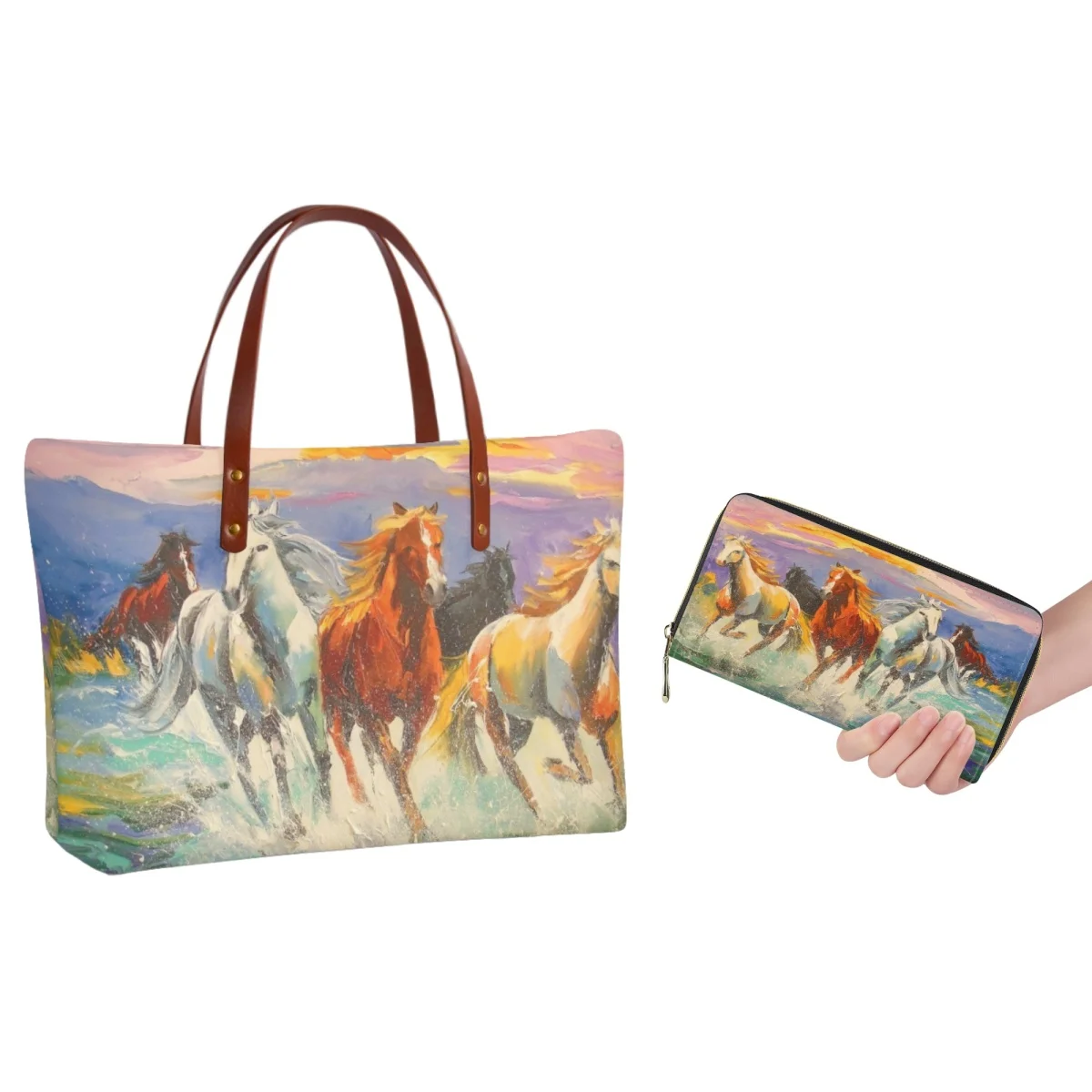 

FORUDESIGNS Galloping Horse Wallet Handbag Female Oil Painting Color Horses Group Design Combination Bag Shopping Travel Bags