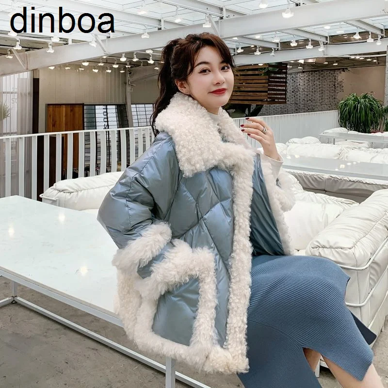Dinboa-new Winter Jacket Women 2022 Bright Padding Down Jacket Women's Short White Duck Down with Lamb Fur