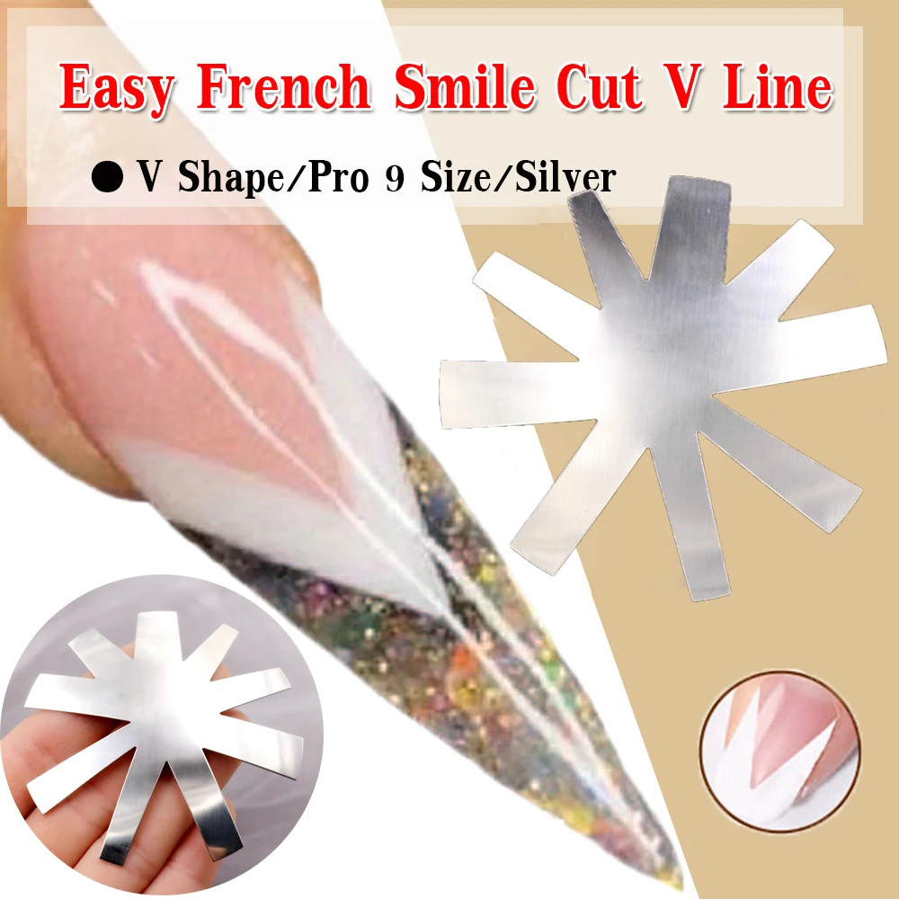

New Hot French Nails Tips Manicure Edge Trimmer Acrylic Pro 9 Size V Shape Easy French Smile Cut V Line Silver