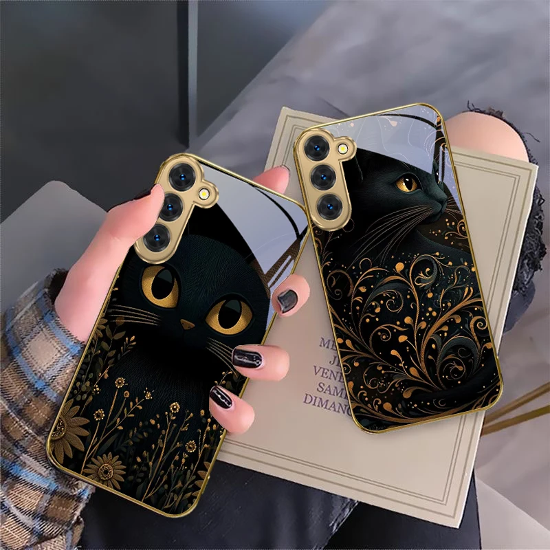 Фото Фантастический черный кот для Samsung Galaxy S20 FE S21 S22 S23 Plus S24 Ultra S25Ultra S21+ S9+ S22Plus золотой стеклянный чехол для телефона №3