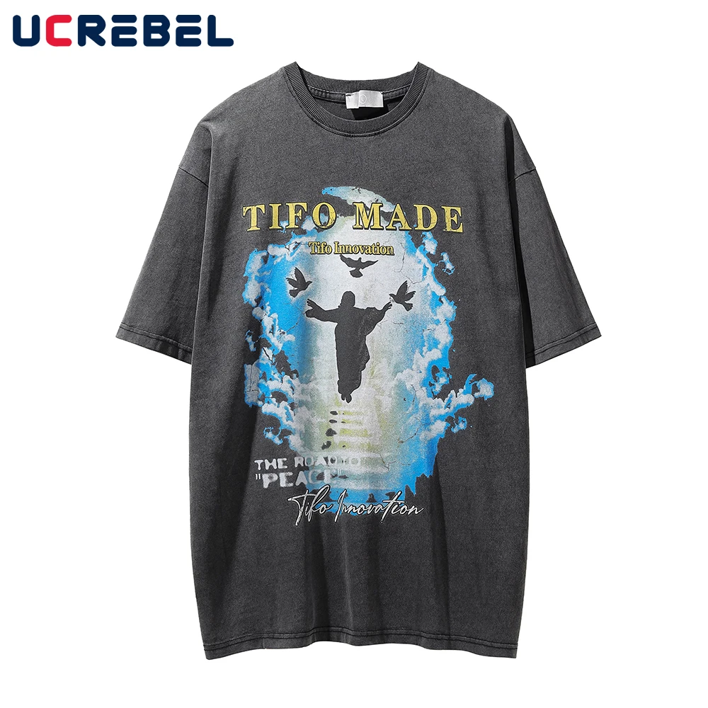 

Футболка мужская с коротким рукавом и креативным принтом, свободная уличная одежда из хлопка в стиле High Street, повседневная тенниска с вырезо...