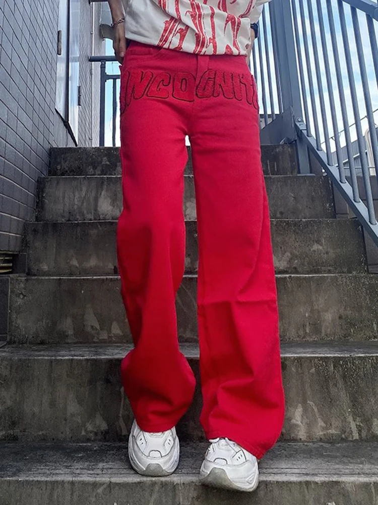 American Men's Pants Street Embroidery Straight Loose Wide Leg Denim Jeans Men and Women Same Style Streetwear Ins Hot Sale MEN