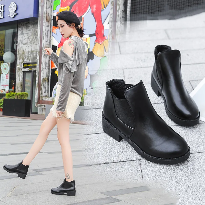 

Cross-Border 2021 New Martin Boots Mid Heel Trendy British Style round Head Black Short Boots Female Boots Wholesale