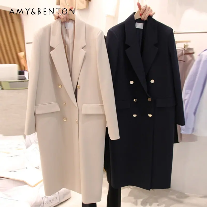 Spring Autumn Solid Color Suit Jacket Women's Mid-Length Loose Fashion Casual Blazer Double Breasted British Style Suit Coat