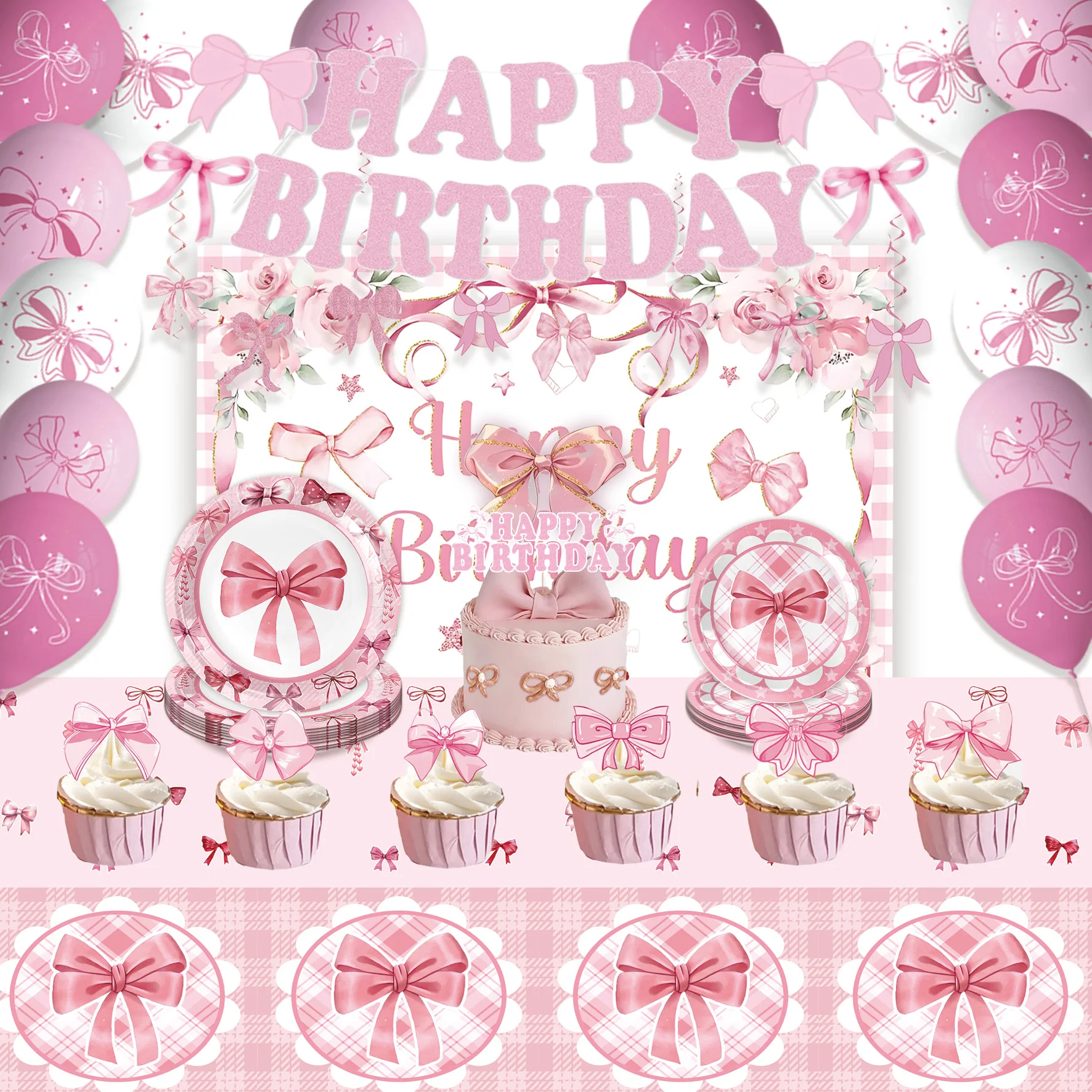 Одноразовая посуда на тему розового банта день рождения бумажные тарелки