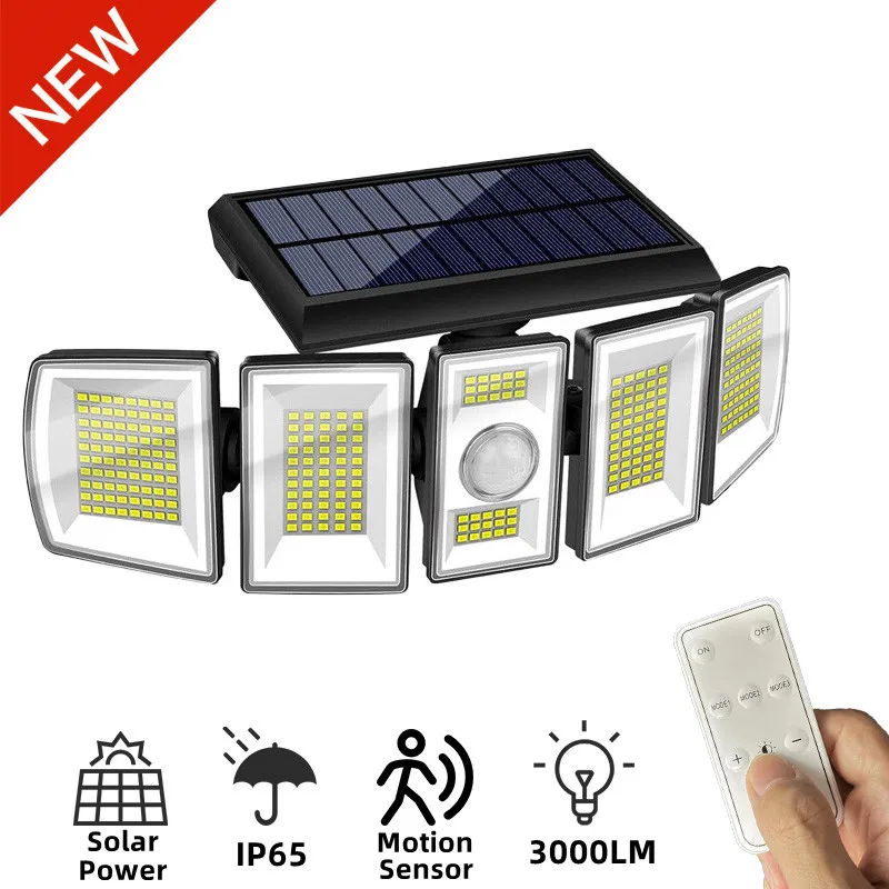 

Solar Wall Lights Outdoor 300 LED 5 Heads 360° Wide Angle Security LED Flood Light IP65 Waterproof Motion Sensor Lights
