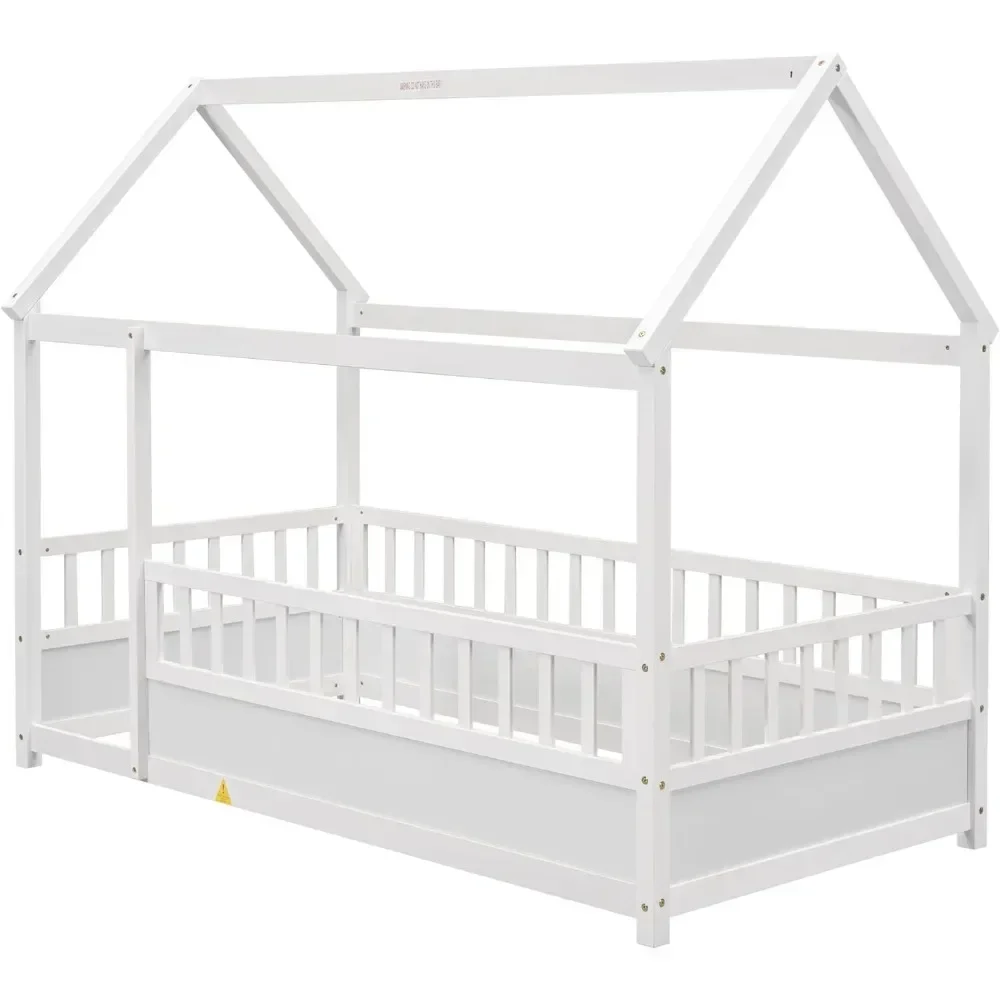 Фото # Для Lit jumeau au sol Монтессори, lit jumeau avec clôture, maison jumelle pour enfants, filles, gar Voiżyć, blanc& №2