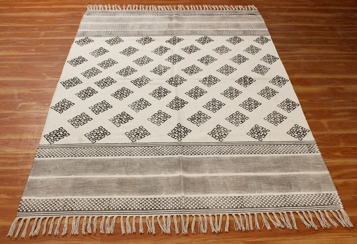 Rug Yoga Mat 5x8 6x9 Ft Indien Hand Block Printed Dhurrie Flat Weave Cotton