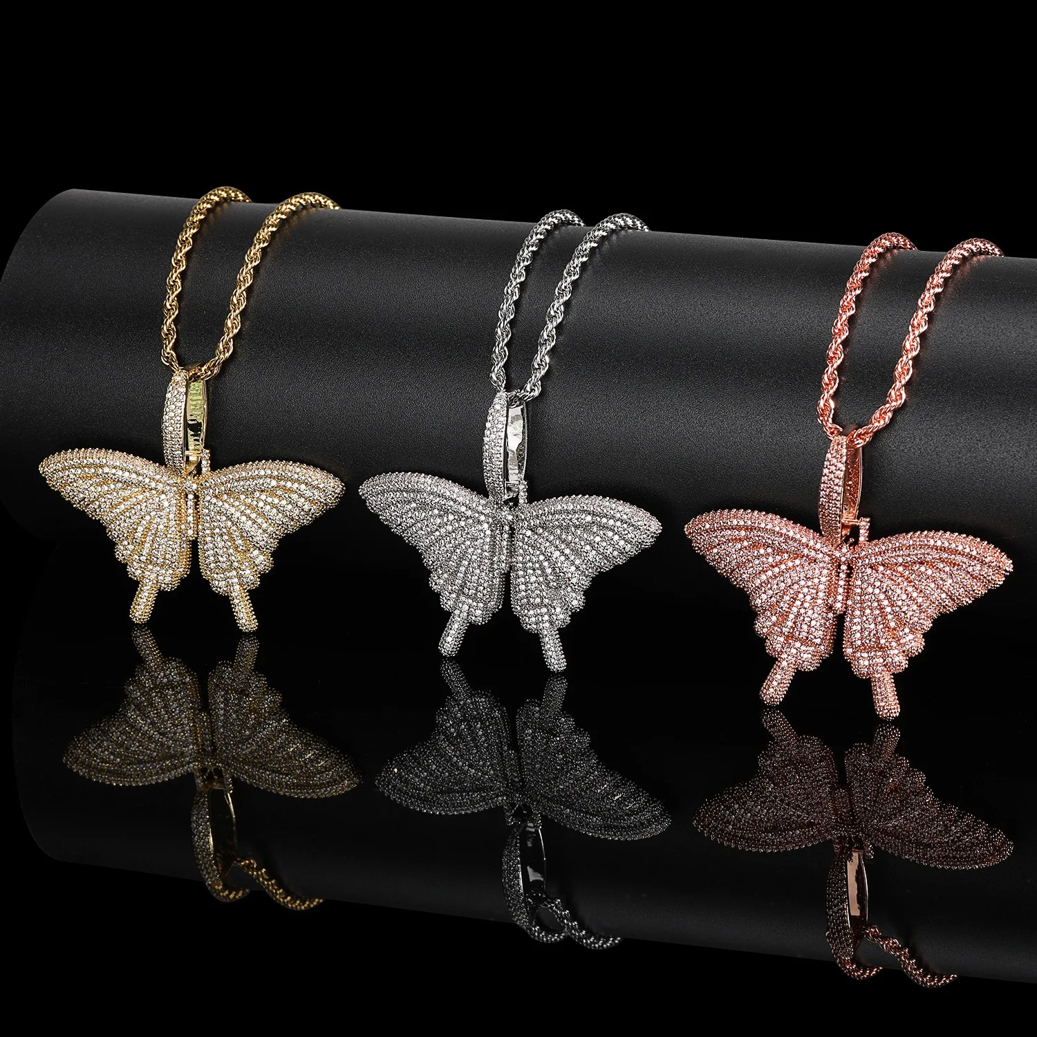Hip Hop Iced Out Bling Butterfly Pendant Necklace Rope Chain Tennis Cuban Chain Rocky Necklaces Fashion Charm Women Men Jewelry