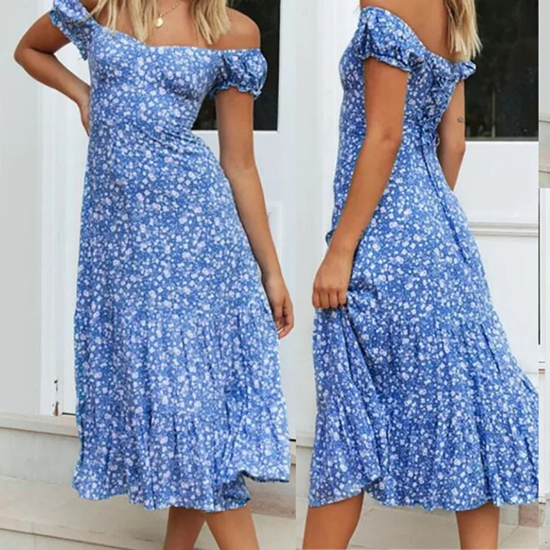 

Women S~5XL Summer Dress Slash Neck Blue Floral Print Boho Beach Midi Dress Sexy Back Bandage