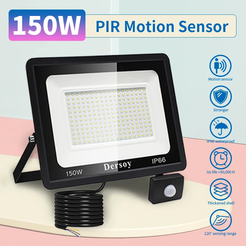 

LED PIR motion sensor floodlight for outdoors wall 1.5m Wire 220V 150W 15000lumen IP66 Waterproof lamps garden spotlight