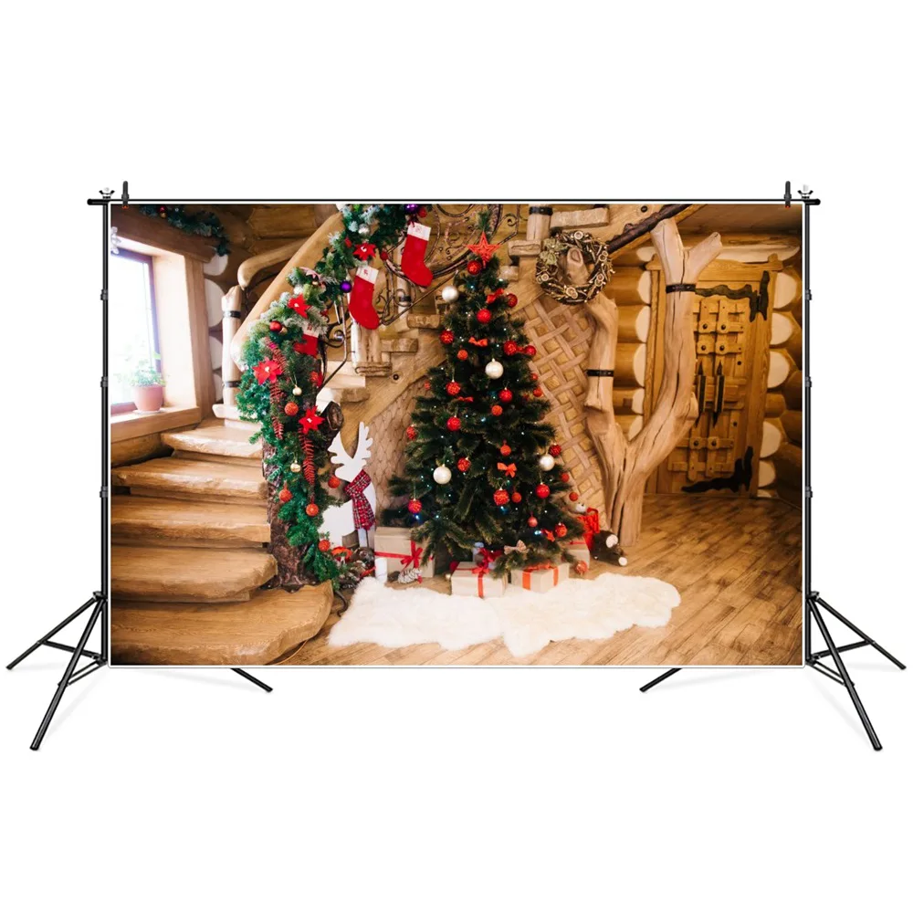 

Christmas Tree Garland Stairs Wooden House Interior Photography Backdrops Custom Baby Party Decoration Photo Booth Backgrounds