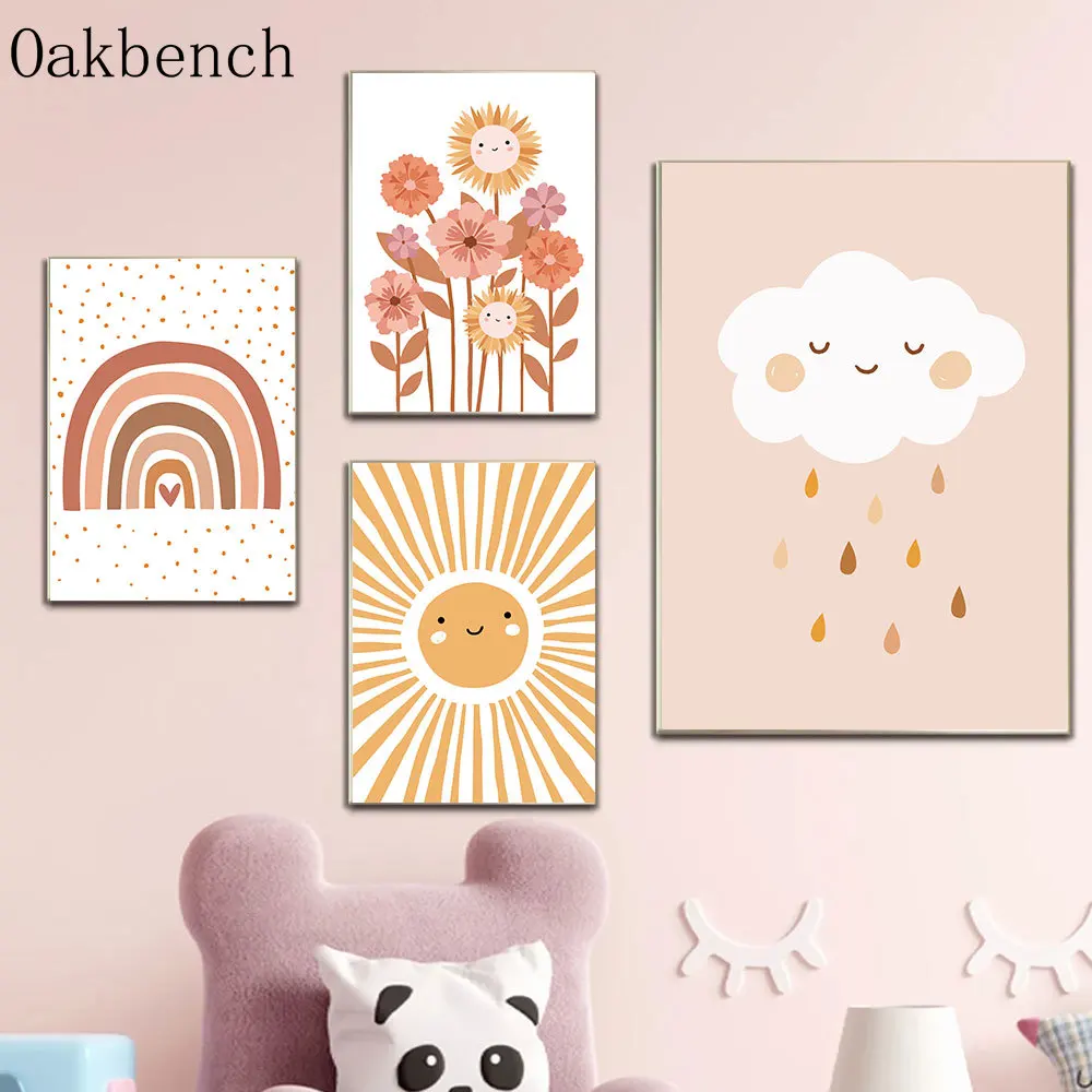 

Настенные плакаты Sun Rainbow, постер с именем на заказ, художественная картина с облаком, цветочные Плакаты для детской комнаты, настенные карти...