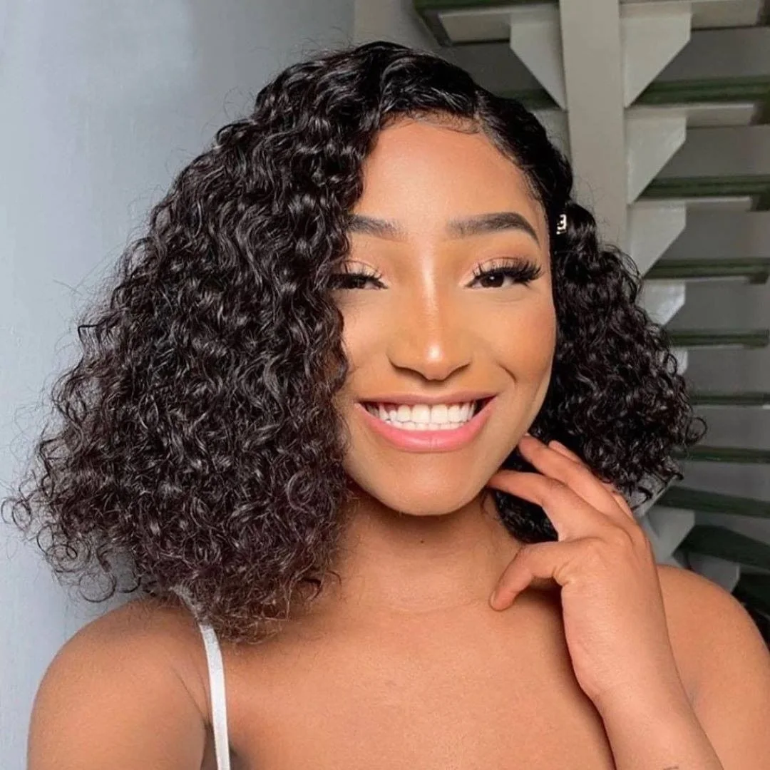 

Парик Боб, парик из человеческих волос на сетке спереди, парик с глубокой волной спереди, предварительно выщипанные L-образные короткие вьющ...