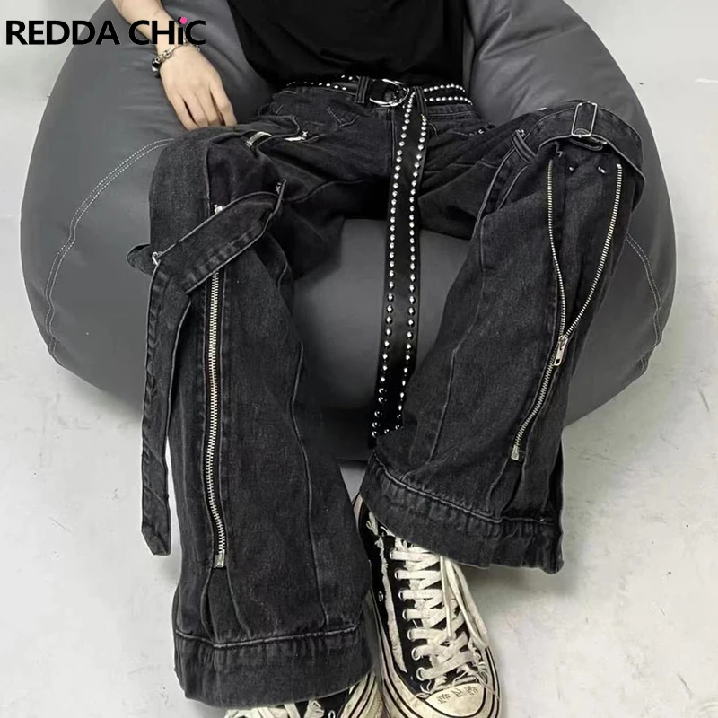 ReddaChic Acubi Fashion Pants Black Women Baggy Jeans with Slits Zipper 2-Strip Cyber Y2k Grunge Goth Harajuku Emo Street Style