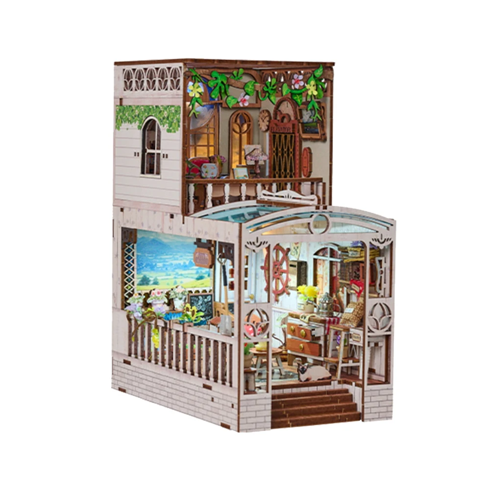 DIY Wooden Book Nook Happy Moments Figurines Miniatures Bookend Handmade Bookshelf for Friends Birthday Gifts Home Decor Crafts