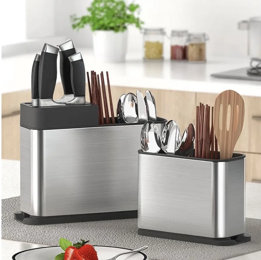 

Flatware Drainer Stainless Steel Rectangular Kitchen Utensil Holder Home Anti-Slip Multi-slot Bottom with Drain Holes