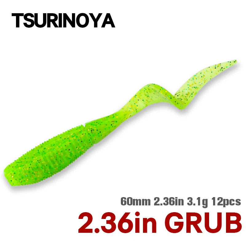 

TSURINOYA UV Soft Fishing Lure 6cm 3.1g 12pcs Grub Worm PULSE Add Shrimp Salt Silicone Artificial Bass Curl Tail Soft Bait Model